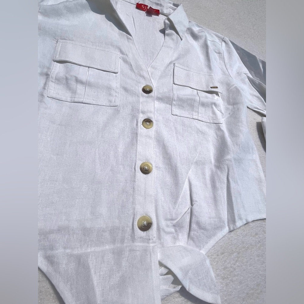 Guess White Linen Harper Tie Front Top Shirt Peasant Size Small Y2K NEW - Picture 2 of 10